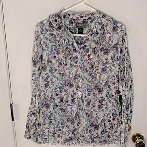 2OH Threads light grey button down blouse, purple blue floral print, ruffle
